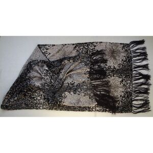 J8X NYC Gray & Black Floral Scarf Shawl with Fringe‎ Silk Viscose